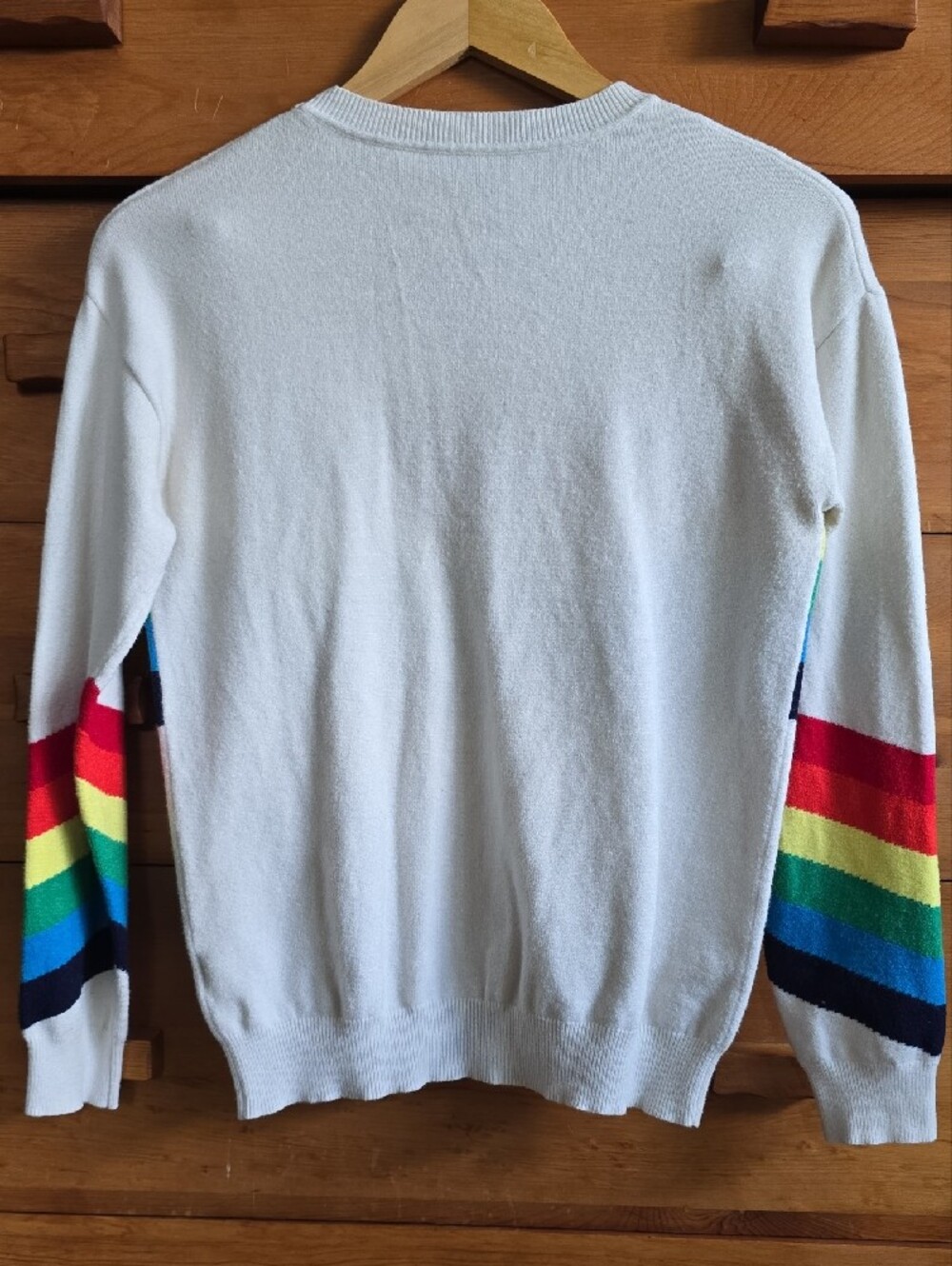 Retro Rainbow Stripe White Crewneck Knit Sweater Pullover, SMALL - Picture 5 of 5